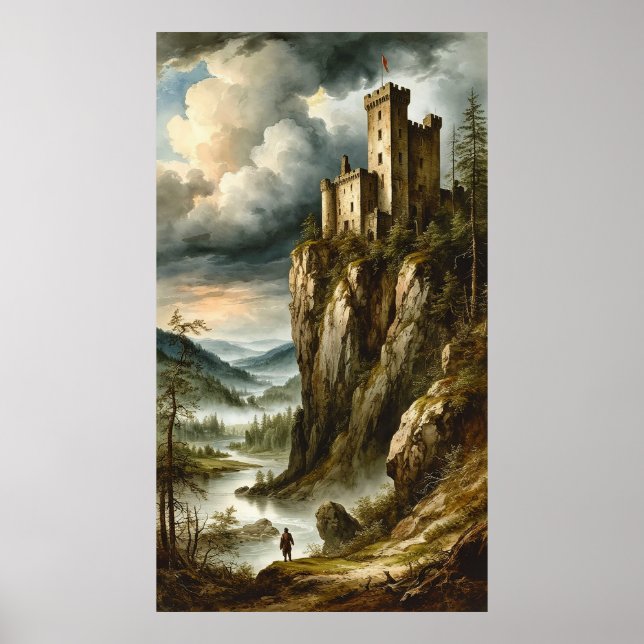 🏰🌫️ Dramatic Mediaeval Cliff Castle Stormscape � Poster (Front)
