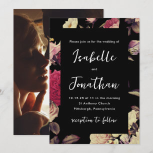 Dramatic Moody Floral Photo Wedding Black Invitation