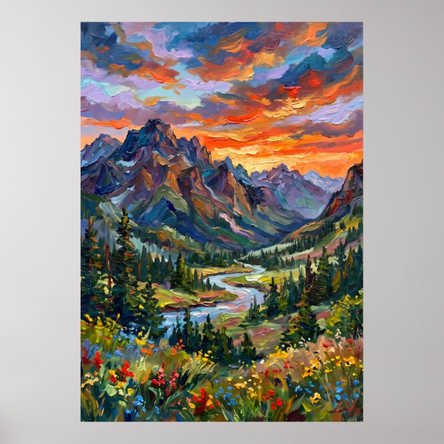 Dramatic Mountain Sunset Poster (Front)