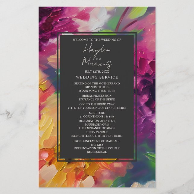 Dramatic Multicolor Floral Grey Wedding Program (Front)