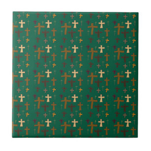 Dramatic Multicolored Christian Crosses on Green Ceramic Tile