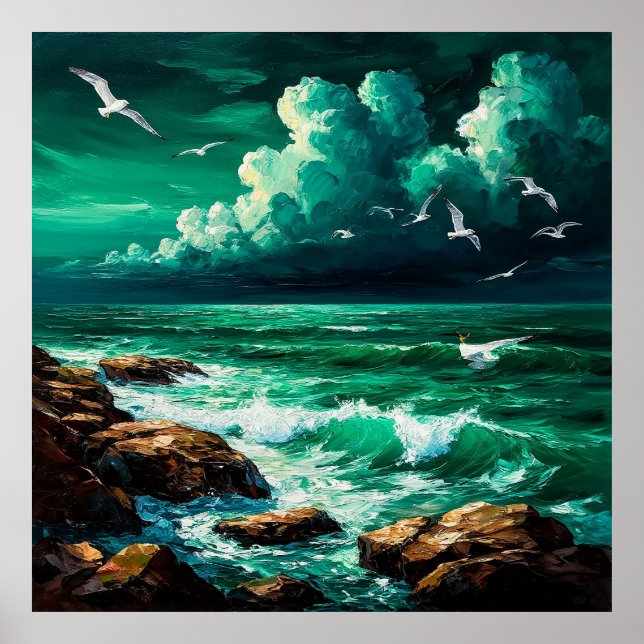 Dramatic Ocean Scene With Seagulls and Waves Poster (Front)