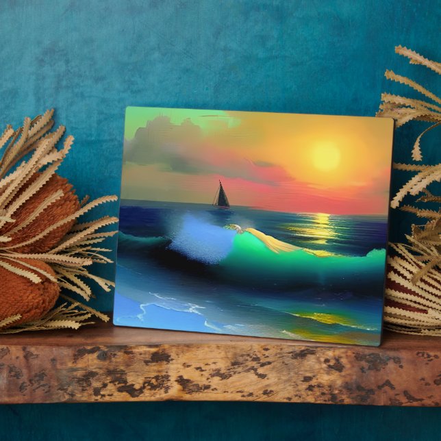 Dramatic Ocean Waves and Sunset Reflection Plaque (Side)