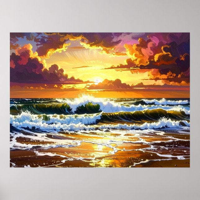 Dramatic Ocean Waves on the Beach Sunset Art Poster (Front)