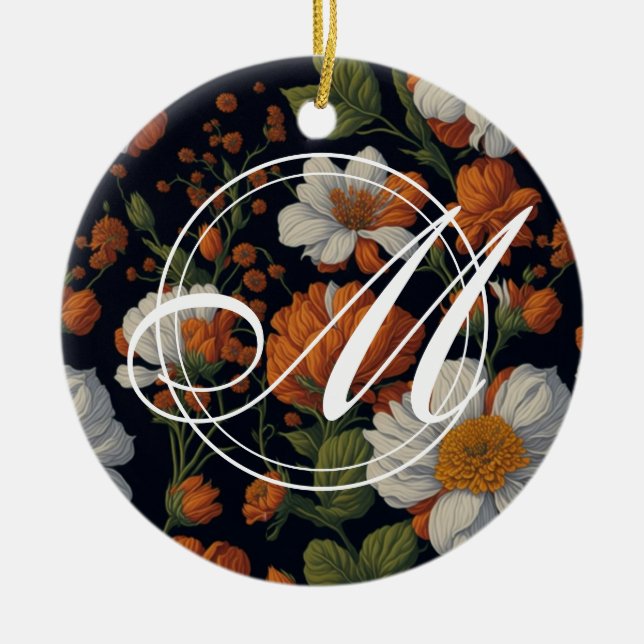 Dramatic Orange white elegant retro flowers Ceramic Ornament (Front)