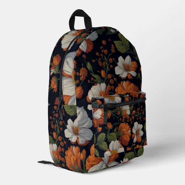 Dramatic Orange white elegant retro flowers Printed Backpack (Back Corner Left)