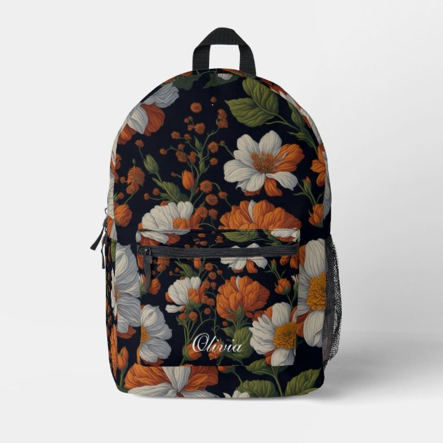 Dramatic Orange white elegant retro flowers Printed Backpack (Front)