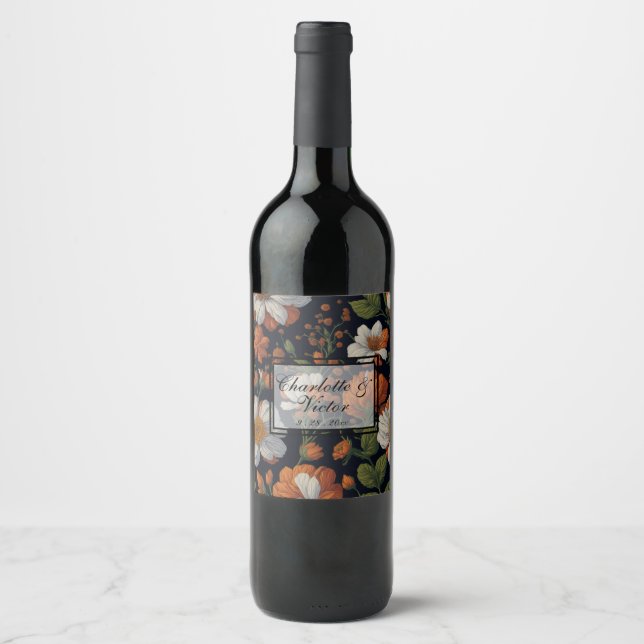 Dramatic Orange white elegant retro flowers Wine Label (Front)