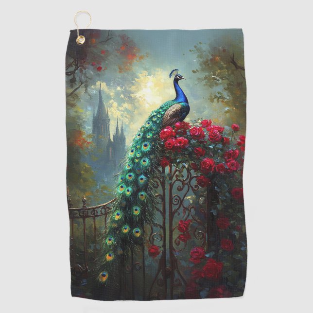 Dramatic Peacock Red Roses Gothic Golf Towel (Front)