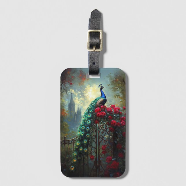 Dramatic Peacock Red Roses Gothic Luggage Tag (Front Vertical)