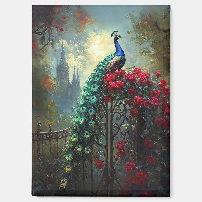 Dramatic Peacock Red Roses Gothic Magnet (Front)