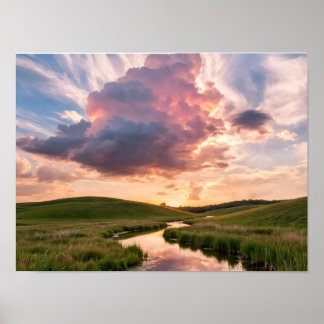 Dramatic Pink Cloud at Sunset Over Winding River - Poster