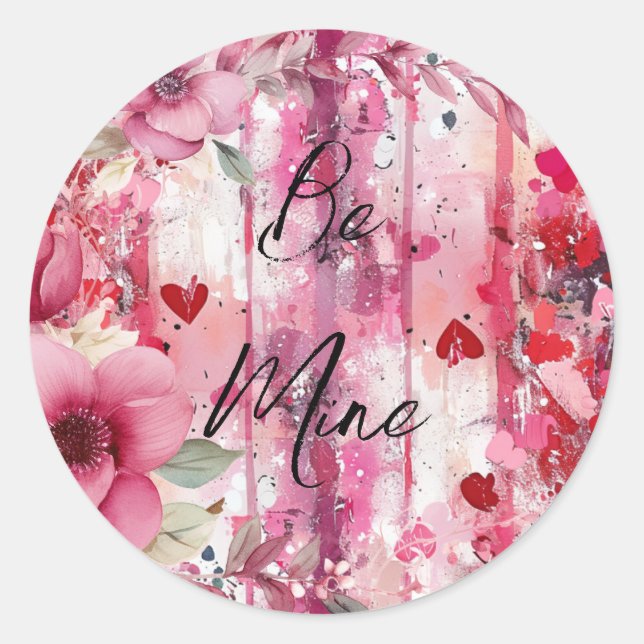 dramatic pink floral hearts Valentine Classic Round Sticker (Front)