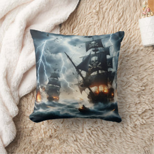 Dramatic Pirate Ship Battle Amid Thunderstorms Cushion
