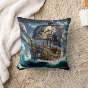 Dramatic Pirate Ship Battling Rough Seas at Dusk Cushion