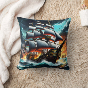 Dramatic Pirate Ship Sailing Into Stormy Waters Cushion