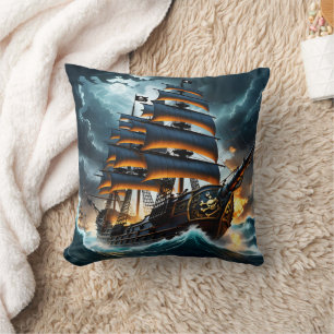 Dramatic Pirate Ship Sailing Through Stormy Seas Cushion