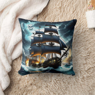 Dramatic Pirate Ship Sails Through Stormy Seas Cushion