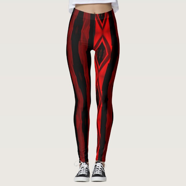 Dramatic Red and Black Stripes Diamond Pattern Leggings (Front)