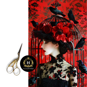 Dramatic Red Black Floral Birdcage Hat Decoupage Tissue Paper