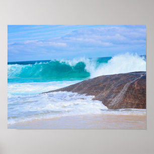 Dramatic Seaside Huge Waves Rocks Blue Ocean Poster