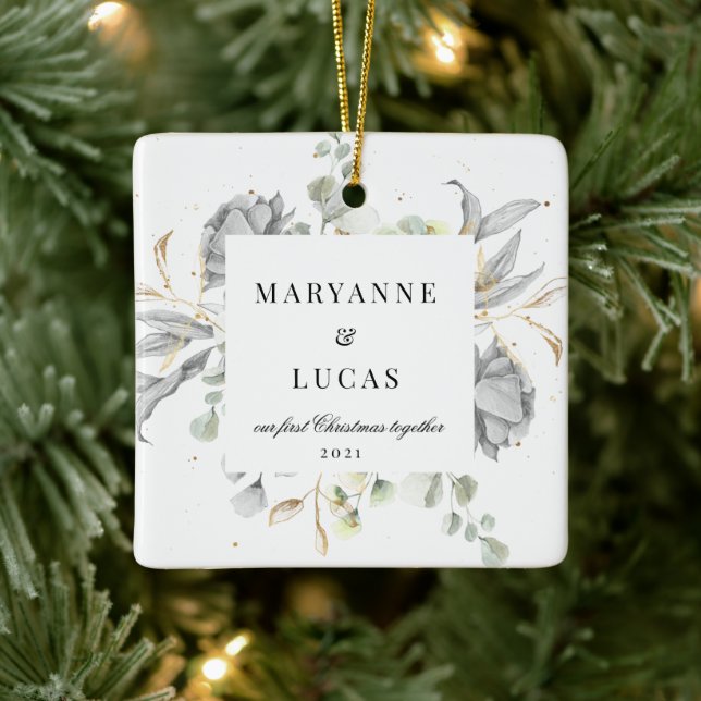 Dramatic Silver Floral Monogram First Christmas Ceramic Ornament (Tree)