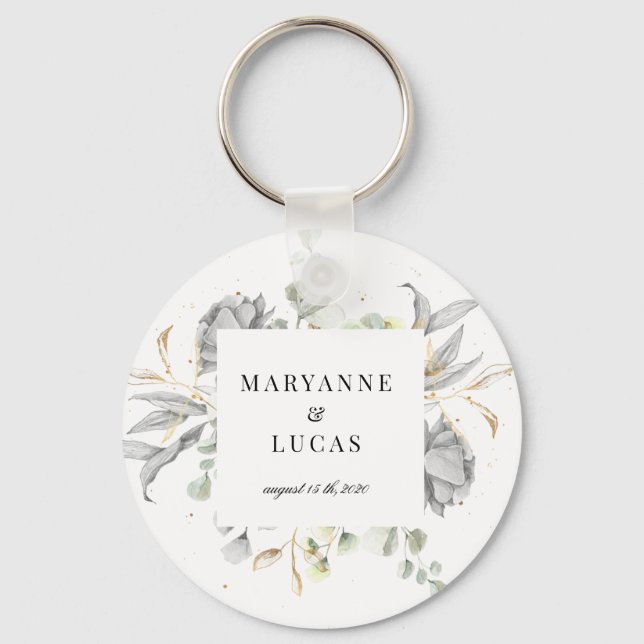 dramatic silver floral monogram wedding key ring (Front)