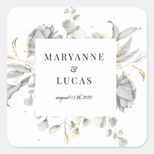 dramatic silver floral monogram wedding square sticker