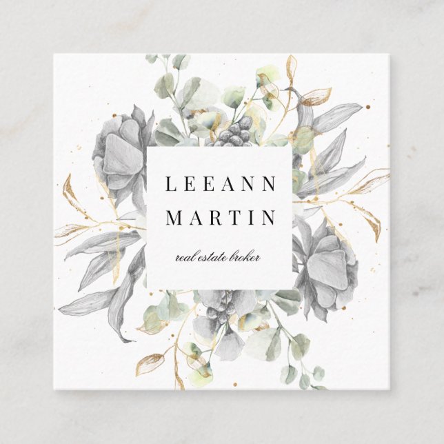 dramatic silver floral square business card (Front)