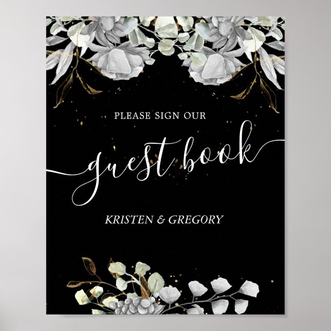 dramatic silver floral Wedding guest book (Front)