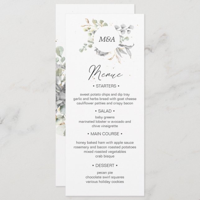 dramatic silver gold floral Wedding Dinner Menu Invitation (Front/Back)