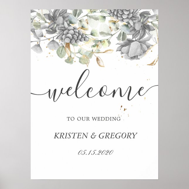 dramatic silver gold floral Wedding Welcome Poster (Front)
