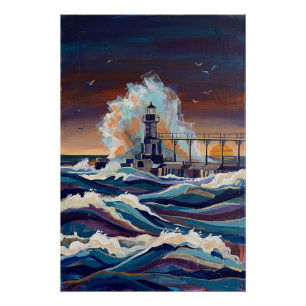 Dramatic Stormy Ocean Lighthouse Painting Poster