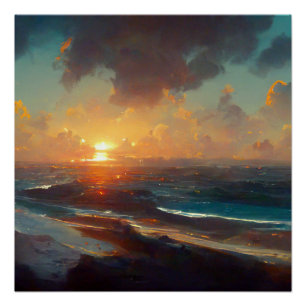 Dramatic Sunset Beach Waves Landscape Poster