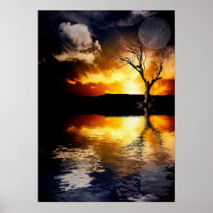 Dramatic sunset over calm lake poster
