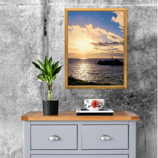 Dramatic Sunset over Godrevy Lighthouse, Cornwall Photo Print