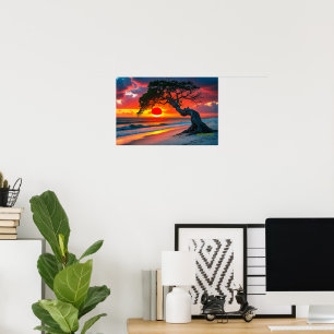 Dramatic Sunset Tree Over Ocean Beach Wall Art