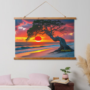 Dramatic Sunset Tree Over Ocean Beach Wall Art