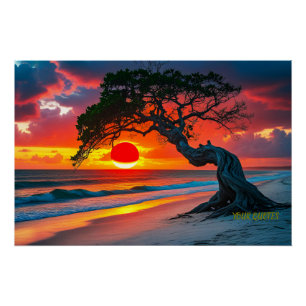 Dramatic Sunset Tree Over Ocean Beach Wall Art