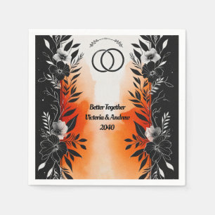 Dramatic Watercolor Black Orange Floral Wedding Napkin