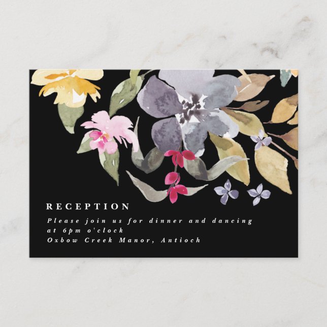 Dramatic Watercolor Florals Wedding Reception Enclosure Card (Front)