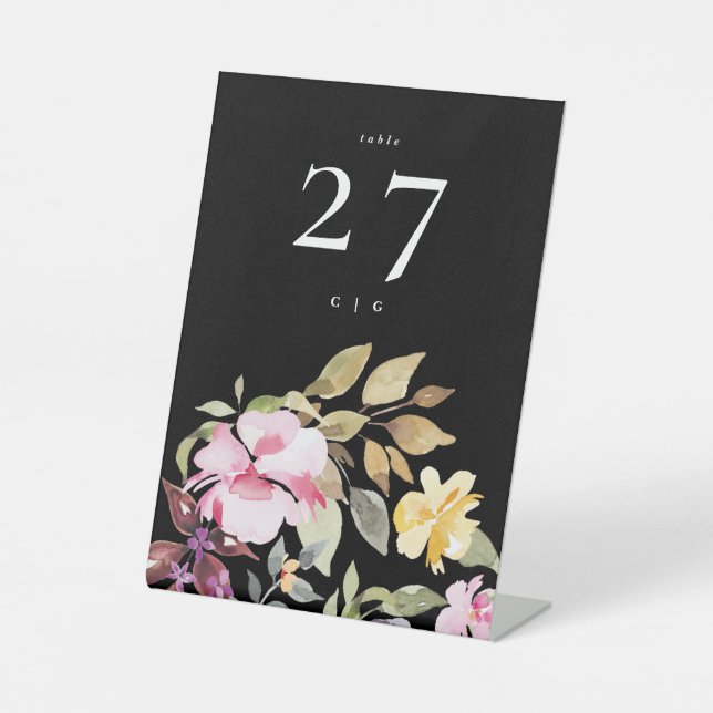 Dramatic Watercolor Florals Wedding Table Pedestal Sign (Front)