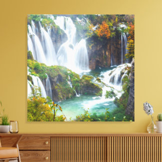 Dramatic Waterfall Cascading Water Autumn Colours Canvas Print