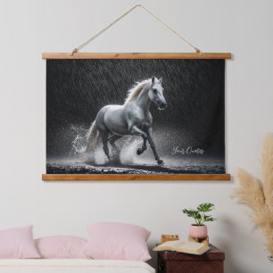Dramatic White Horse Galloping in Rain Hanging Tapestry