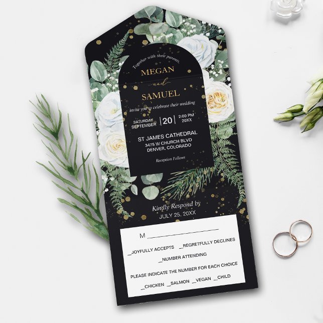 Dramatic White Rose Bouquet Photo Wedding All In One Invitation (Creator Uploaded)