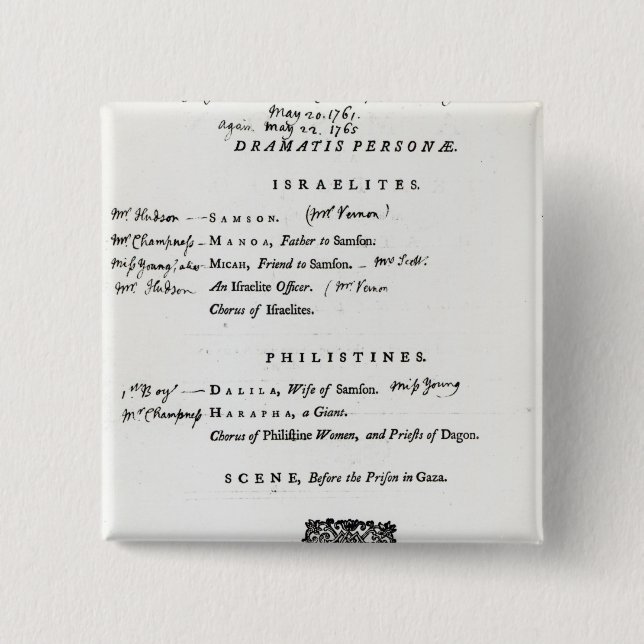 Dramatis Personae for Samson 15 Cm Square Badge (Front)