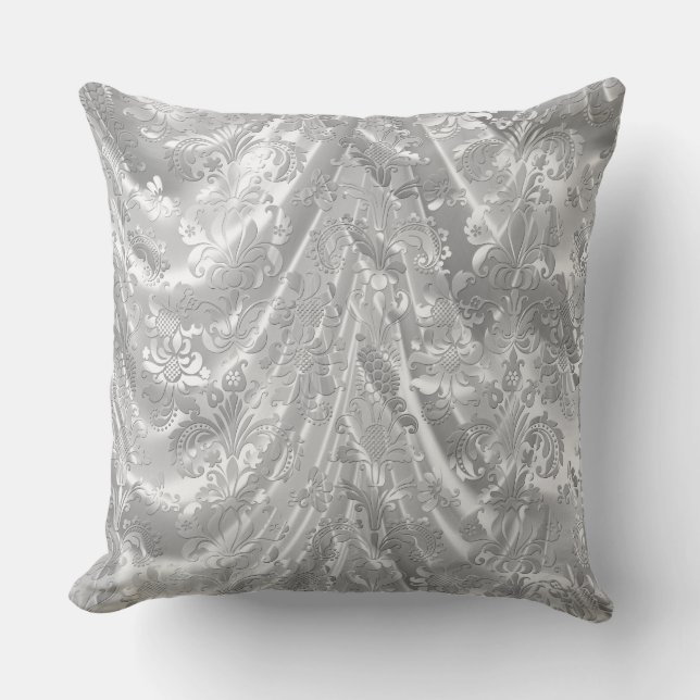 Draped Shiny Silver Floral Damasks Cushion (Front)