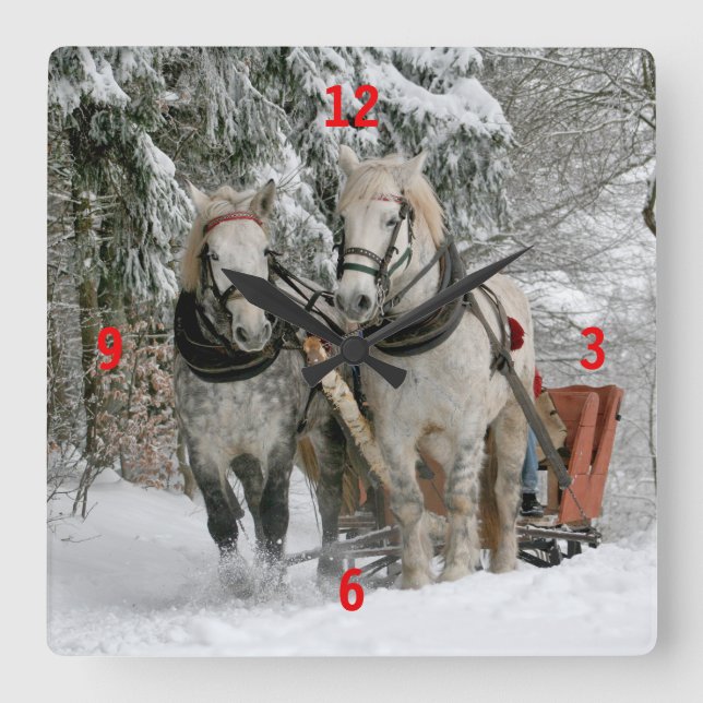 Draught   Horses Pulling Sleigh Square Wall Clock (Front)