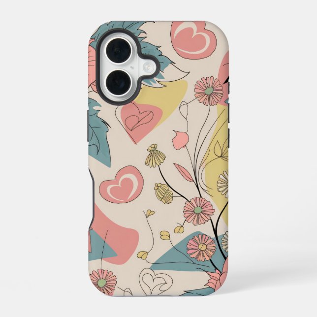Draw Pattern With Hearts And Flowers iPhone 16 Case (Back)