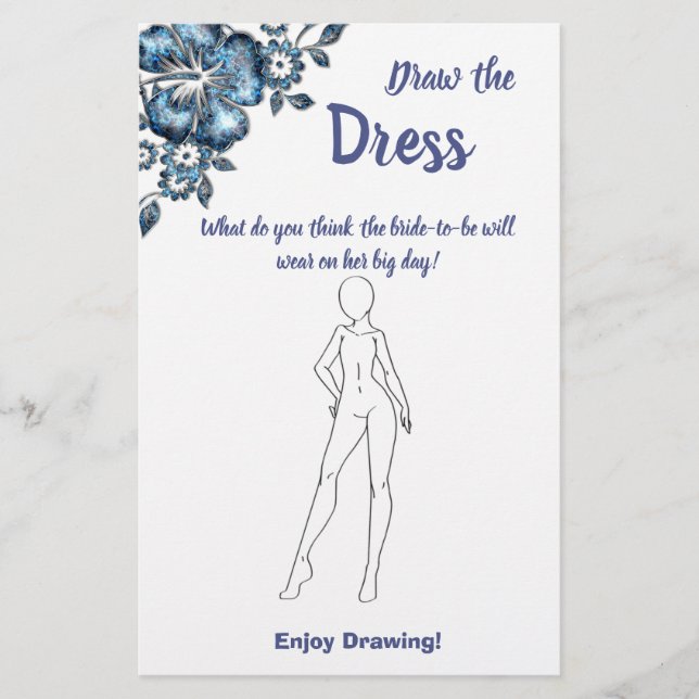 Draw the Dress Bridal Shower Game Card Blue Flower (Front)